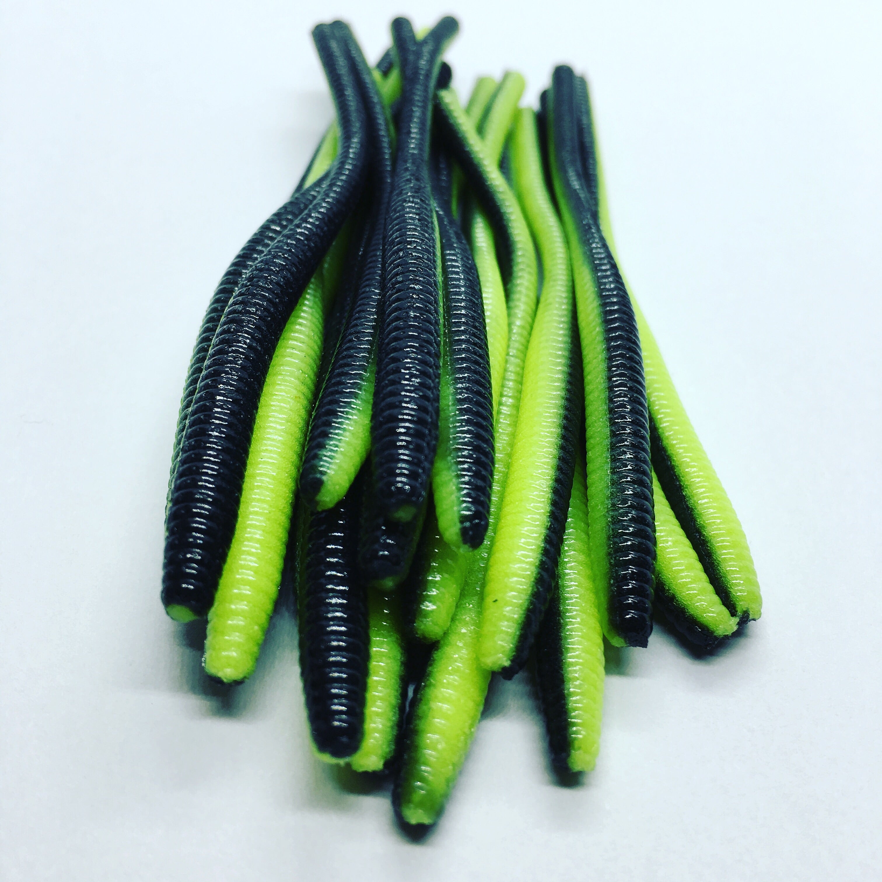 Steelhead Worms: Black/Chartreuse Tail.
